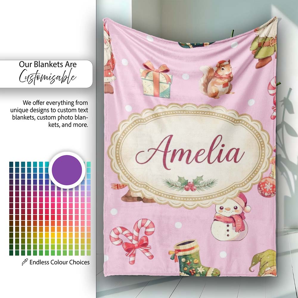 Christmas Gnome Reindeer Snowman Gift on Pink Snow Dot Background  Personalised Custom Name Super Soft Fleece Blanket Bed Sofa Throw