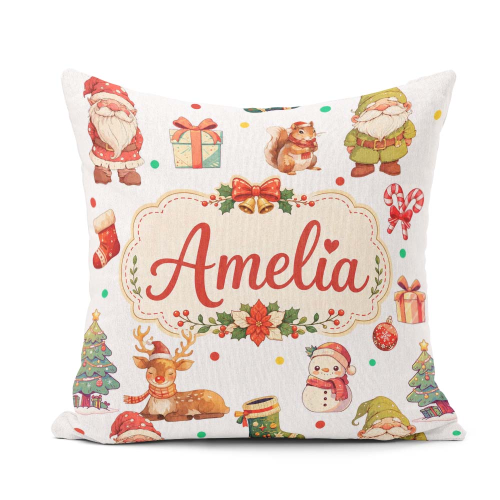 Custom Name Gnome Reindeer Snowman on White Polka Dot Background Square Filled Cushion Throw Pillow Sofa Bed Home Decor Zip Washable UK Made