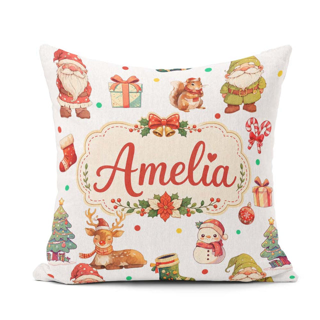 Custom Name Gnome Reindeer Snowman on White Polka Dot Background Square Filled Cushion Throw Pillow Sofa Bed Home Decor Zip Washable UK Made