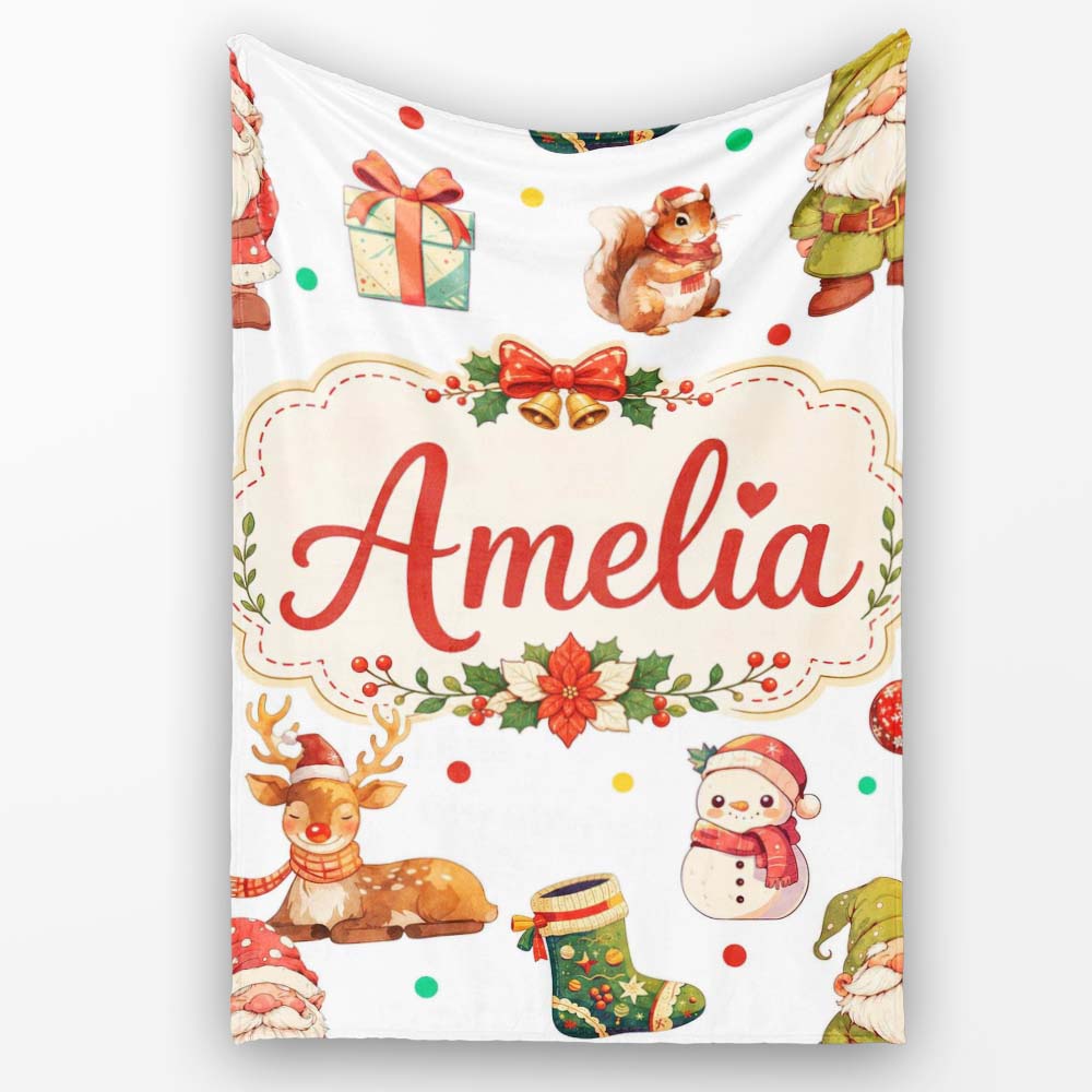Christmas Gnome Reindeer Snowman Gift on White Polka Dot Background  Personalised Custom Name Super Soft Fleece Blanket Bed Sofa Throw