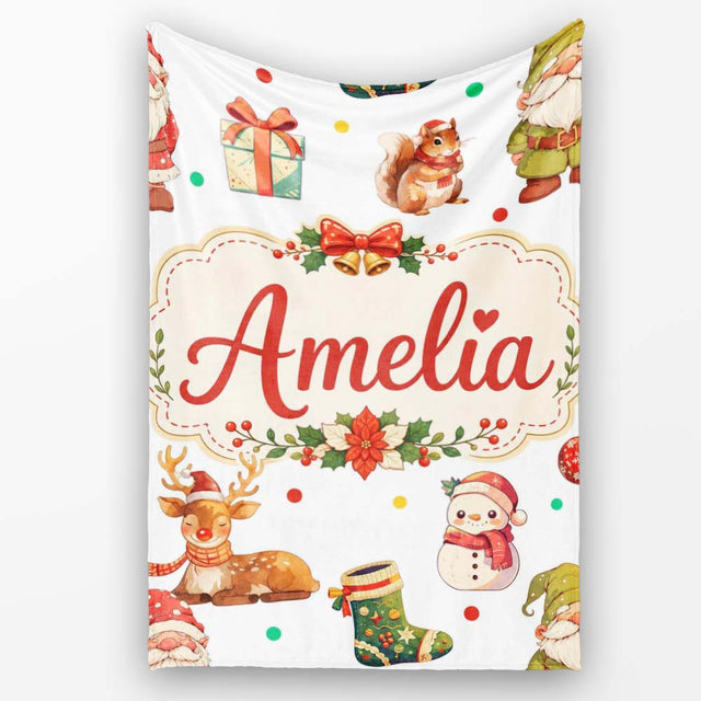 Christmas Gnome Reindeer Snowman Gift on White Polka Dot Background  Personalised Custom Name Super Soft Fleece Blanket Bed Sofa Throw
