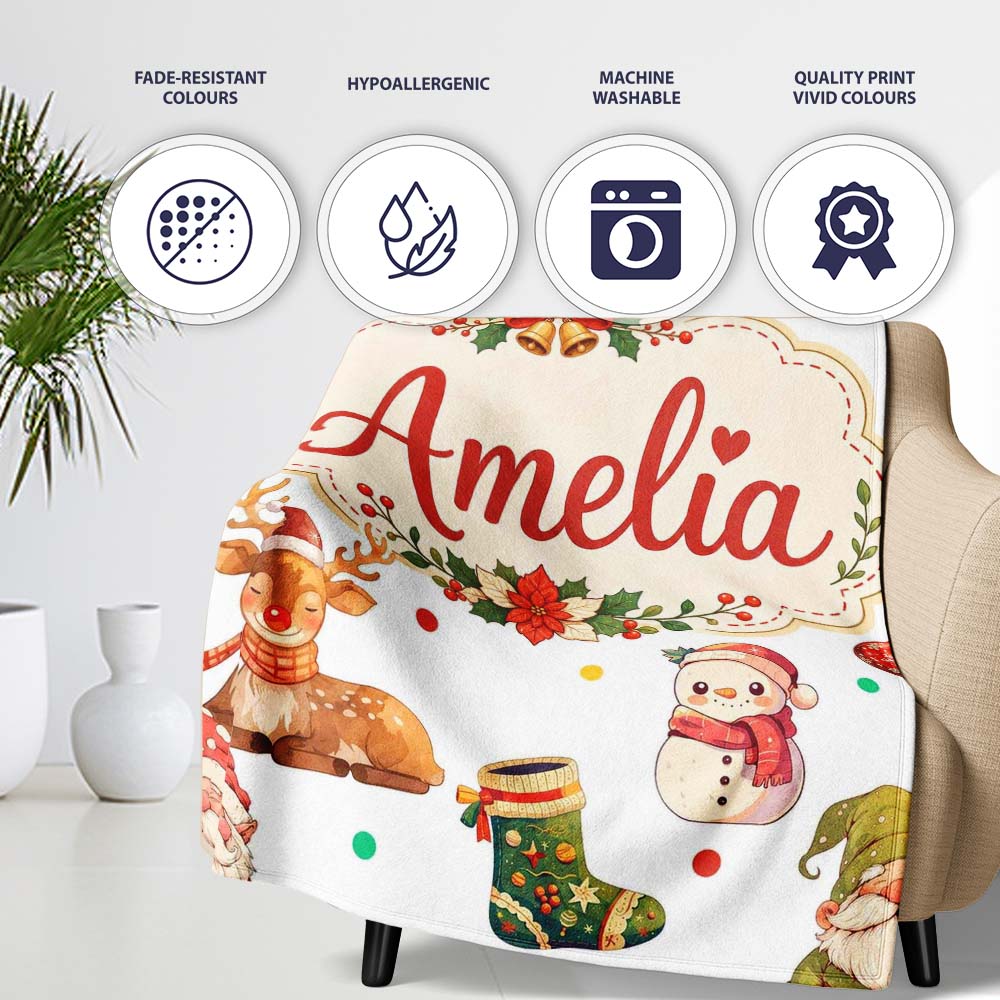 Christmas Gnome Reindeer Snowman Gift on White Polka Dot Background  Personalised Custom Name Super Soft Fleece Blanket Bed Sofa Throw