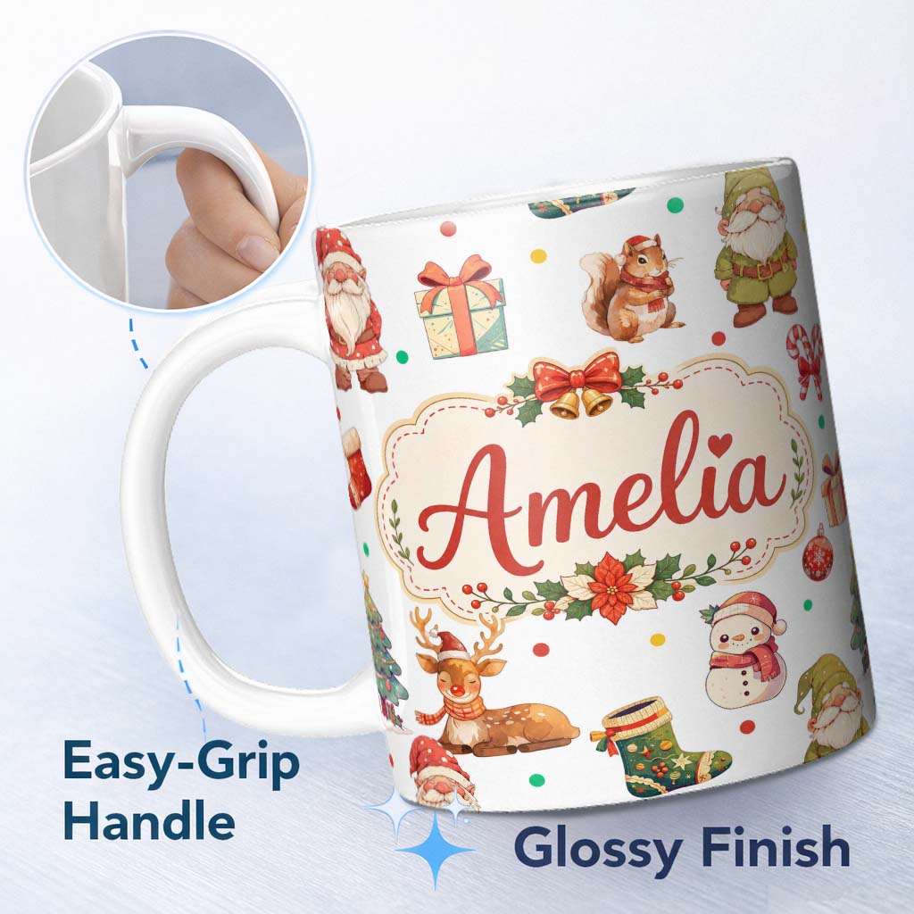 Personalized Custom Name Christmas Gnome Reindeer Snowman Gift on White Polka Dot Background 11oz Ceramic Coffee Tea Mug White Large Handle