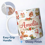 Personalized Custom Name Christmas Gnome Reindeer Snowman Gift on White Polka Dot Background 11oz Ceramic Coffee Tea Mug White Large Handle