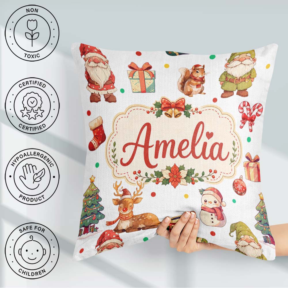 Custom Name Gnome Reindeer Snowman on White Polka Dot Background Square Filled Cushion Throw Pillow Sofa Bed Home Decor Zip Washable UK Made