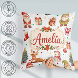 Custom Name Gnome Reindeer Snowman on White Polka Dot Background Square Filled Cushion Throw Pillow Sofa Bed Home Decor Zip Washable UK Made