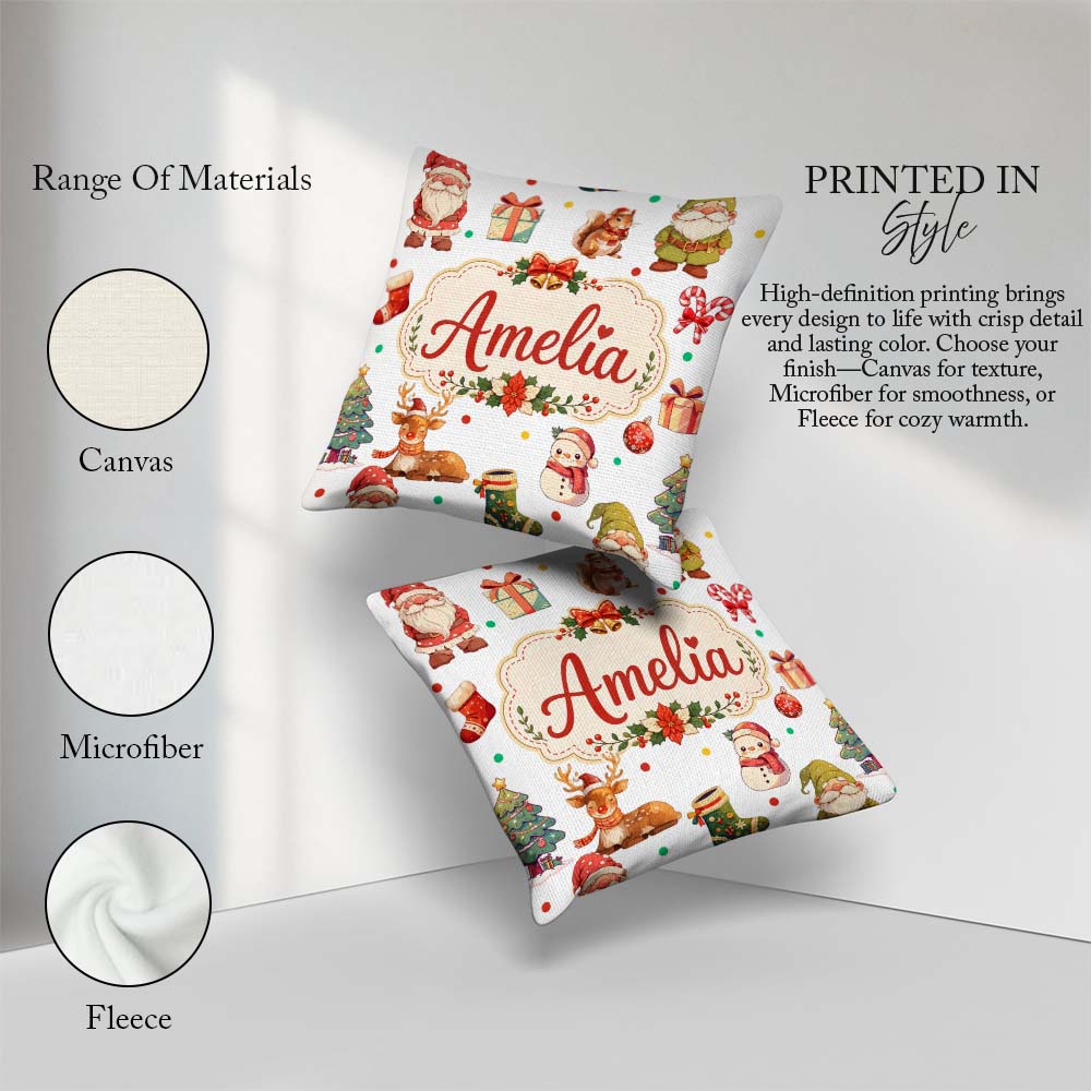 Custom Name Gnome Reindeer Snowman on White Polka Dot Background Square Filled Cushion Throw Pillow Sofa Bed Home Decor Zip Washable UK Made