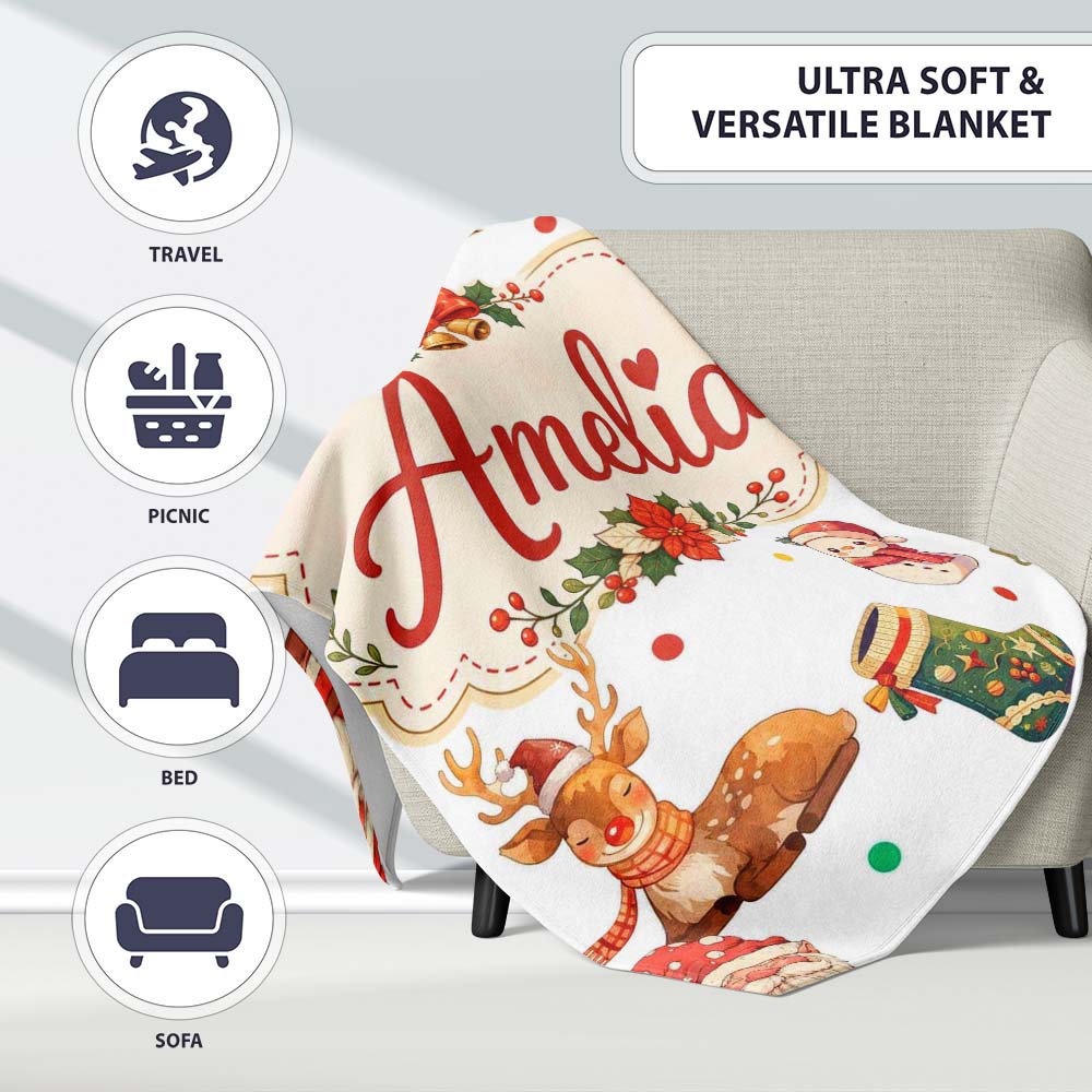 Christmas Gnome Reindeer Snowman Gift on White Polka Dot Background  Personalised Custom Name Super Soft Fleece Blanket Bed Sofa Throw