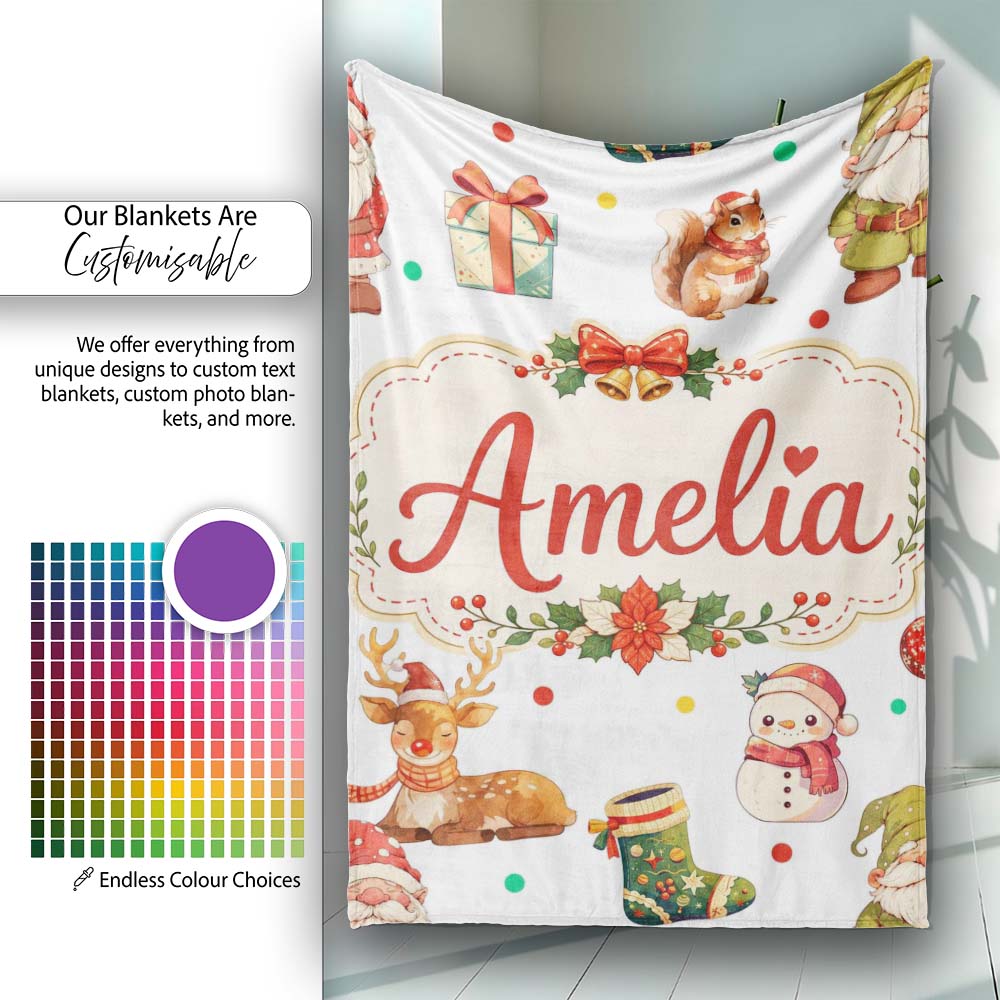 Christmas Gnome Reindeer Snowman Gift on White Polka Dot Background  Personalised Custom Name Super Soft Fleece Blanket Bed Sofa Throw