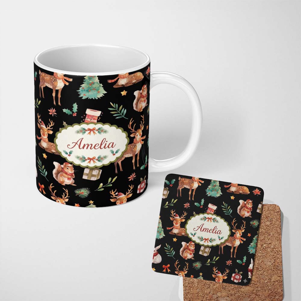 Personalized Custom Name Christmas Reindeer Squirrel Gift Festive Elements on Black 11oz Ceramic Coffee Tea Mug White Large Handle