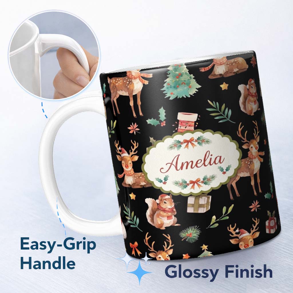 Personalized Custom Name Christmas Reindeer Squirrel Gift Festive Elements on Black 11oz Ceramic Coffee Tea Mug White Large Handle