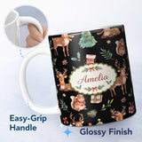 Personalized Custom Name Christmas Reindeer Squirrel Gift Festive Elements on Black 11oz Ceramic Coffee Tea Mug White Large Handle
