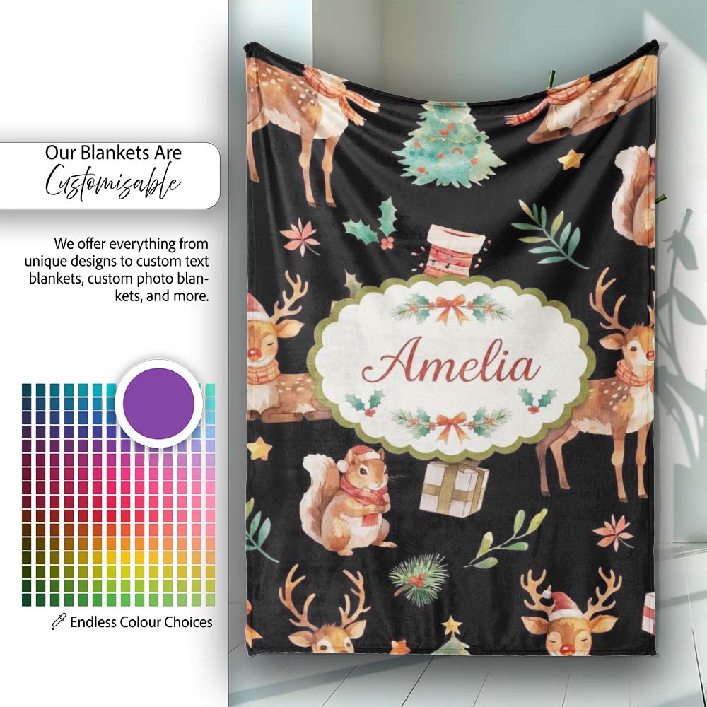 Christmas Reindeer Squirrel Gift Festive Elements on Black  Personalised Custom Name Super Soft Fleece Blanket Bed Sofa Throw