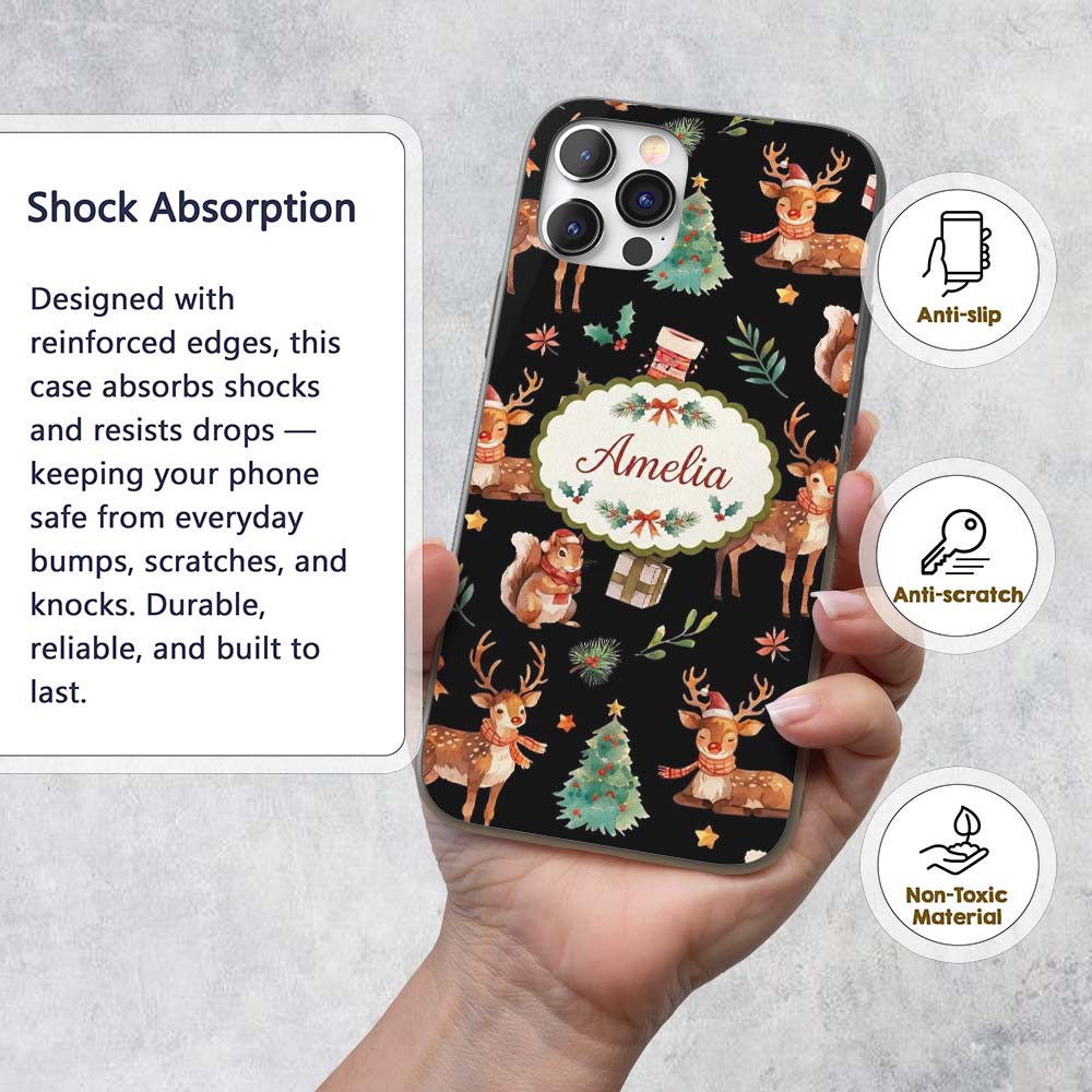 Christmas Reindeer Squirrel Gift Festive Elements Custom Name Protective Phone Case Mobile Cover Durable Everyday Smartphone Shock Resistant