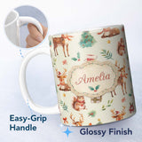 Personalized Custom Name Christmas Reindeer Squirrel Gift Festive Elements on Cream 11oz Ceramic Coffee Tea Mug White Large Handle