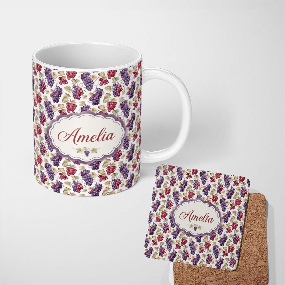 Personalized Custom Name Mixed Red and Purple Grapes Botanical Seamless Pattern Lovely 11oz Ceramic Coffee Tea Mug White Large Handle
