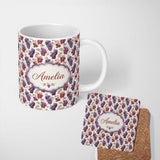 Personalized Custom Name Mixed Red and Purple Grapes Botanical Seamless Pattern Lovely 11oz Ceramic Coffee Tea Mug White Large Handle