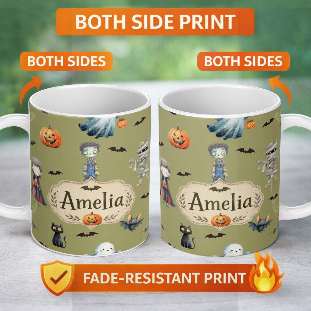 Personalized Custom Name Cute Halloween Kids Characters Zombie Vampire Bats Pumpkin Olive 11oz Ceramic Coffee Tea Mug White Large Handle