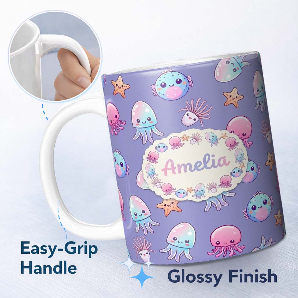 Personalized Custom Name Jellyfish Starfish and Cute Sea Creatures Lavender Purple Background 11oz Ceramic Coffee Tea Mug White Large Handle