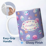 Personalized Custom Name Jellyfish Starfish and Cute Sea Creatures Lavender Purple Background 11oz Ceramic Coffee Tea Mug White Large Handle