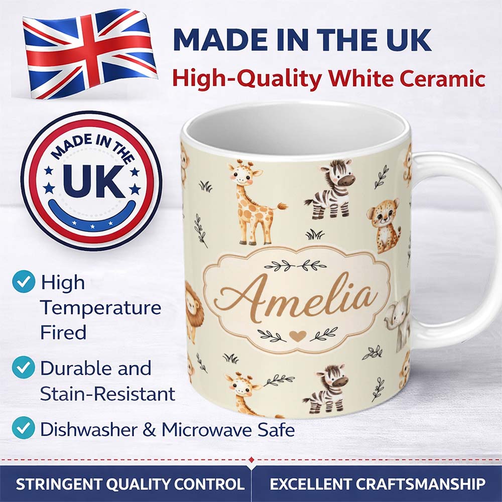 Personalized Custom Name Safari Animals with Elephant Lion and Leopard Cub on Soft Sage 11oz Ceramic Coffee Tea Mug White Large Handle