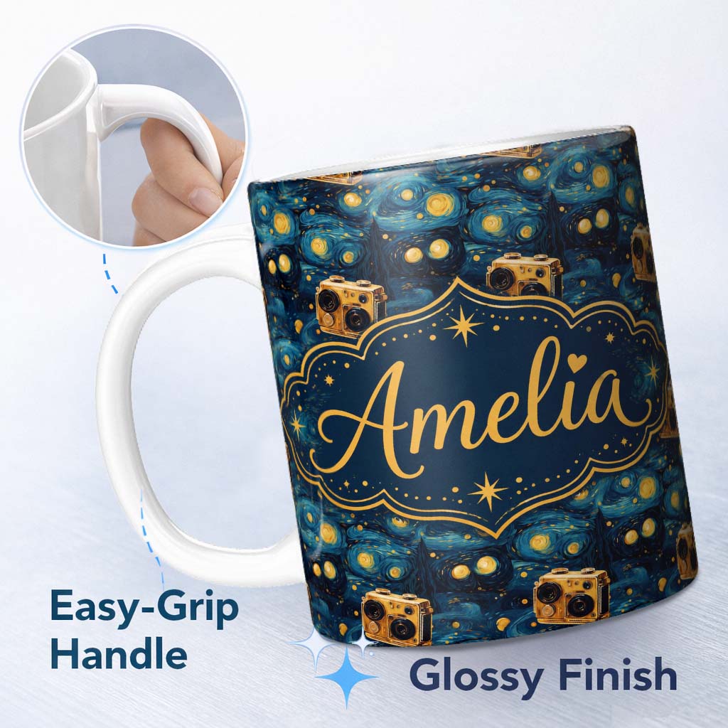 Personalized Custom Name Vintage Camera Starry Night Artistic Seamless Pattern Lovely 11oz Ceramic Coffee Tea Mug White Large Handle