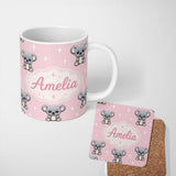 Personalized Custom Name Cute Cartoon Koala Bears with White Stars on Soft Pink Background 11oz Ceramic Coffee Tea Mug White Large Handle