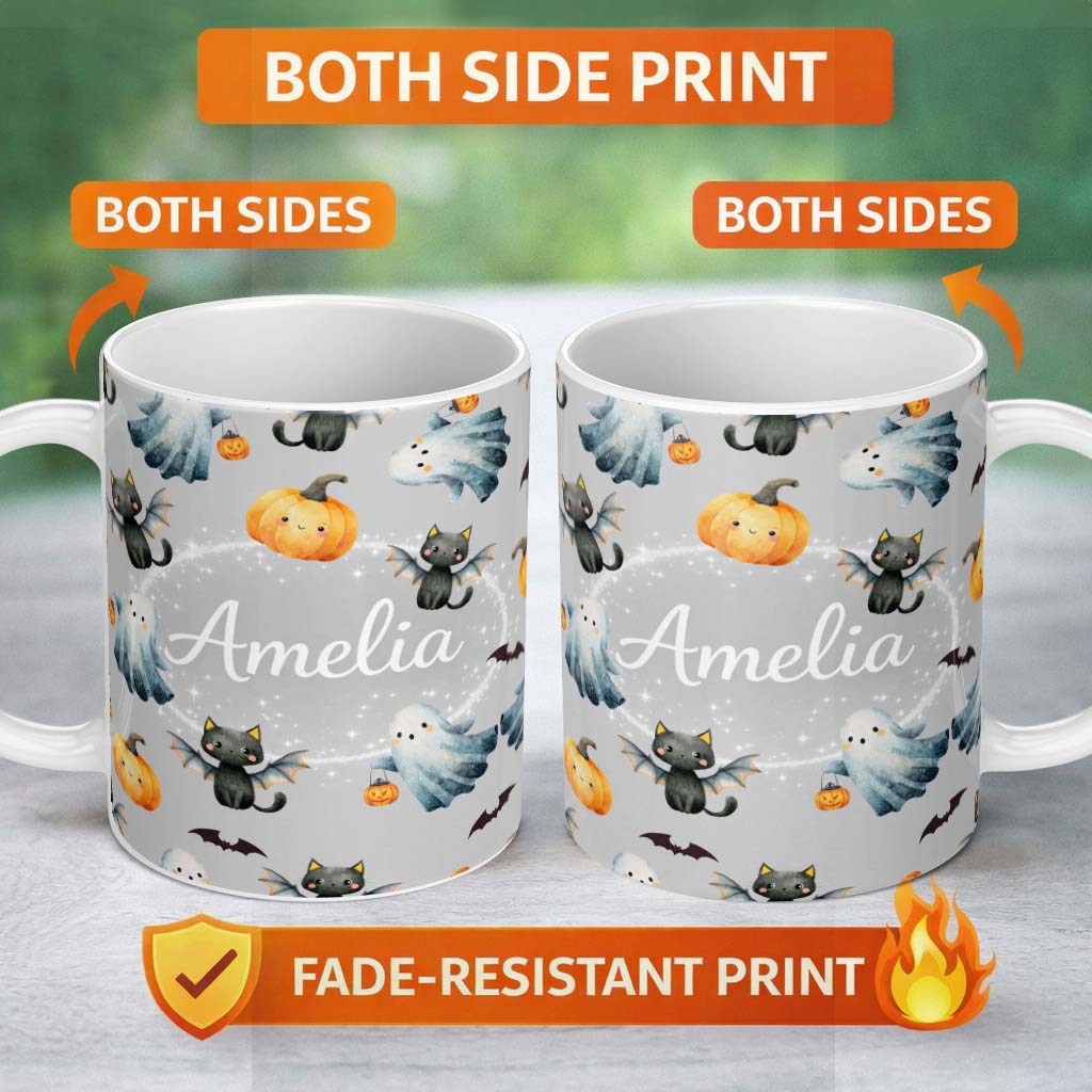 Personalized Custom Name Halloween Ghost Pumpkin Cat Seamless Pattern Cool Grey Cute Spooky 11oz Ceramic Coffee Tea Mug White Large Handle