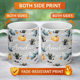 Personalized Custom Name Halloween Ghost Pumpkin Cat Seamless Pattern Cool Grey Cute Spooky 11oz Ceramic Coffee Tea Mug White Large Handle