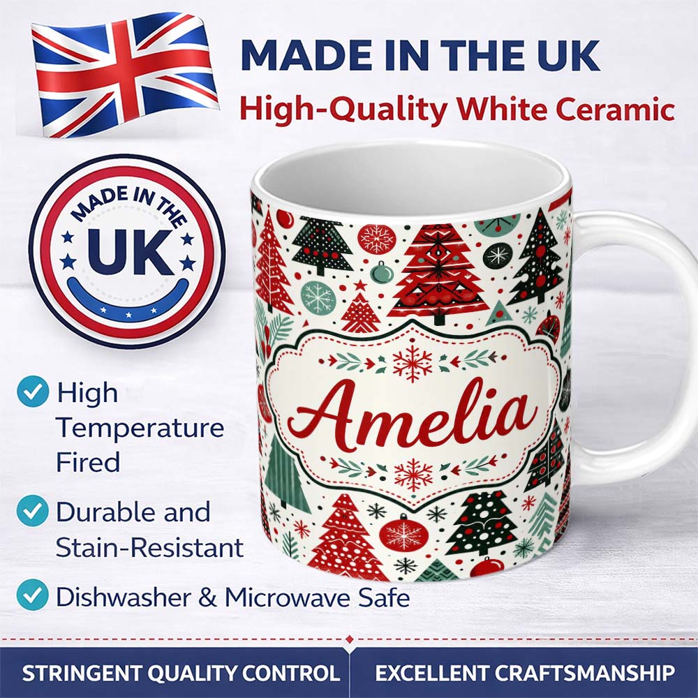 Personalized Custom Name Festive Red Green Christmas Trees with Snowflakes and Baubles Lovely 11oz Ceramic Coffee Tea Mug White Large Handle