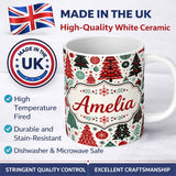 Personalized Custom Name Festive Red Green Christmas Trees with Snowflakes and Baubles Lovely 11oz Ceramic Coffee Tea Mug White Large Handle