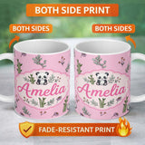 Personalized Custom Name Cute Panda Bamboo and Floral Minimal Seamless Pattern on Blush Pink 11oz Ceramic Coffee Tea Mug White Large Handle