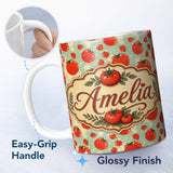 Personalized Custom Name Playful Red Tomatoes Splash Pattern on Light Blue Background Lovely 11oz Ceramic Coffee Tea Mug White Large Handle