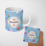 Personalized Custom Name Cute Kawaii Mermaid Seahorse Jellyfish and Starfish Blue Background 11oz Ceramic Coffee Tea Mug White Large Handle