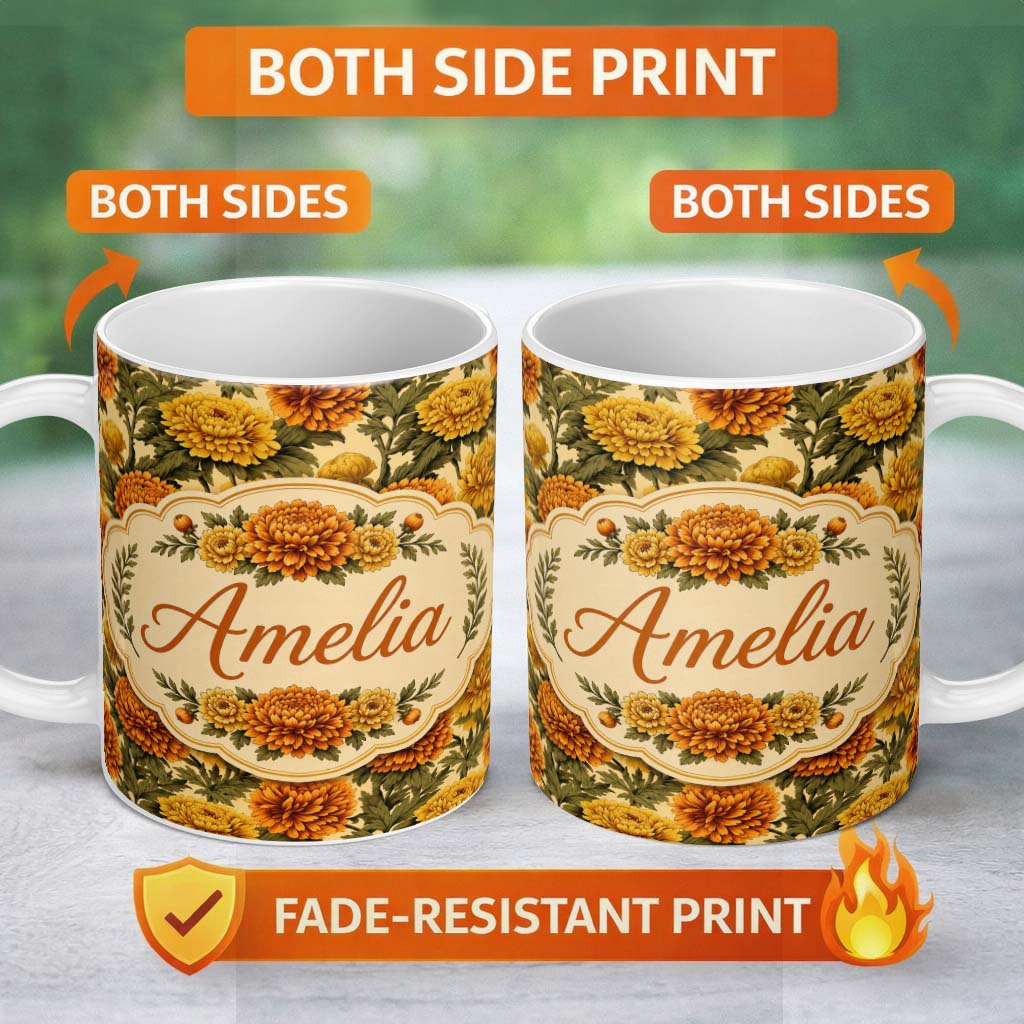 Personalized Custom Name Soft Beige Orange Chrysanthemum Floral Seamless Pattern Elegant 11oz Ceramic Coffee Tea Mug White Large Handle