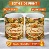Personalized Custom Name Soft Beige Orange Chrysanthemum Floral Seamless Pattern Elegant 11oz Ceramic Coffee Tea Mug White Large Handle