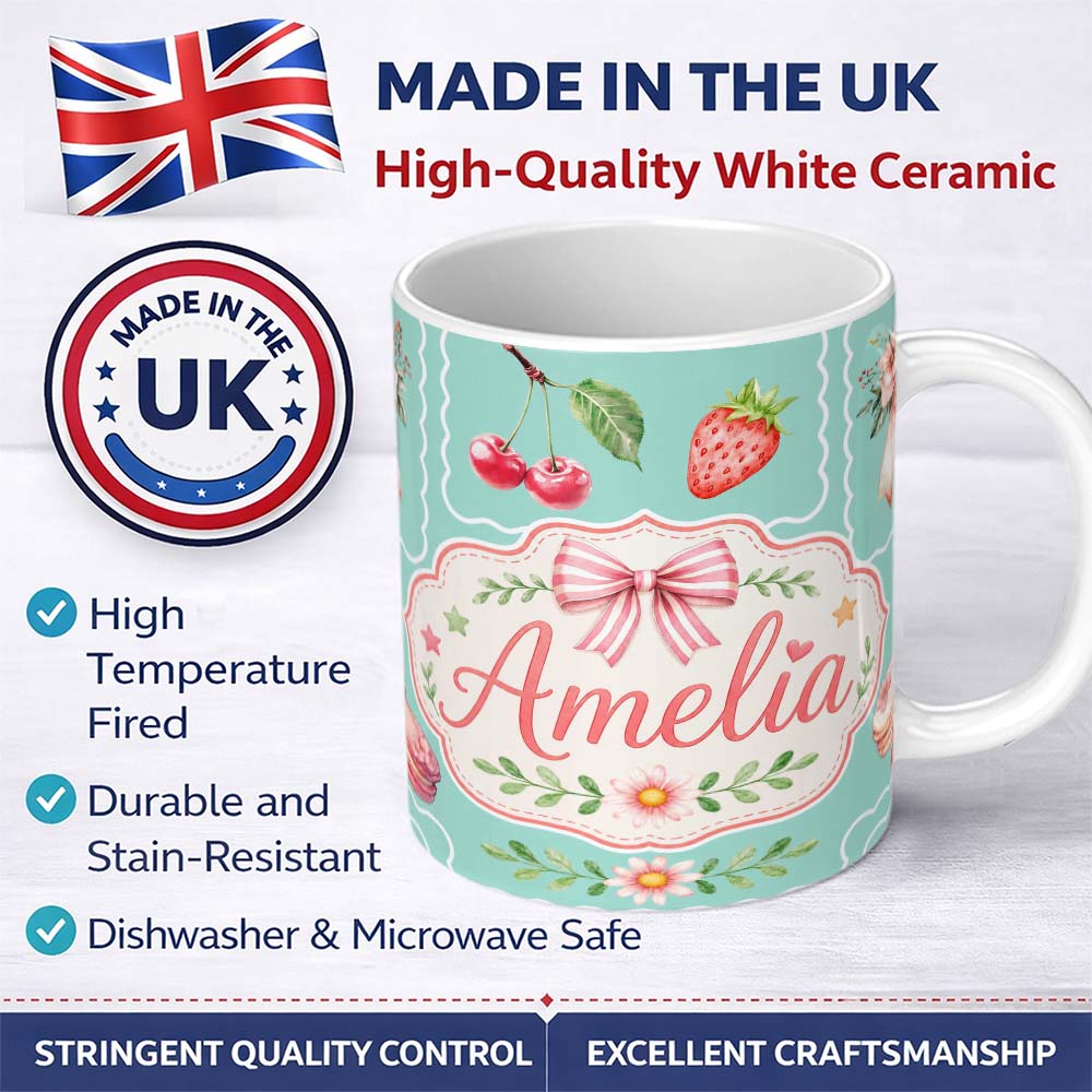 Personalized Custom Name Cute Strawberry Cherry Ribbon Bow Sweet Dessert Pattern Teal Green 11oz Ceramic Coffee Tea Mug White Large Handle