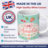 Personalized Custom Name Cute Strawberry Cherry Ribbon Bow Sweet Dessert Pattern Teal Green 11oz Ceramic Coffee Tea Mug White Large Handle