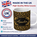 Personalized Custom Name Black Gold Baroque Floral Seamless Pattern Luxury Vintage Ornamental 11oz Ceramic Coffee Tea Mug White Large Handle