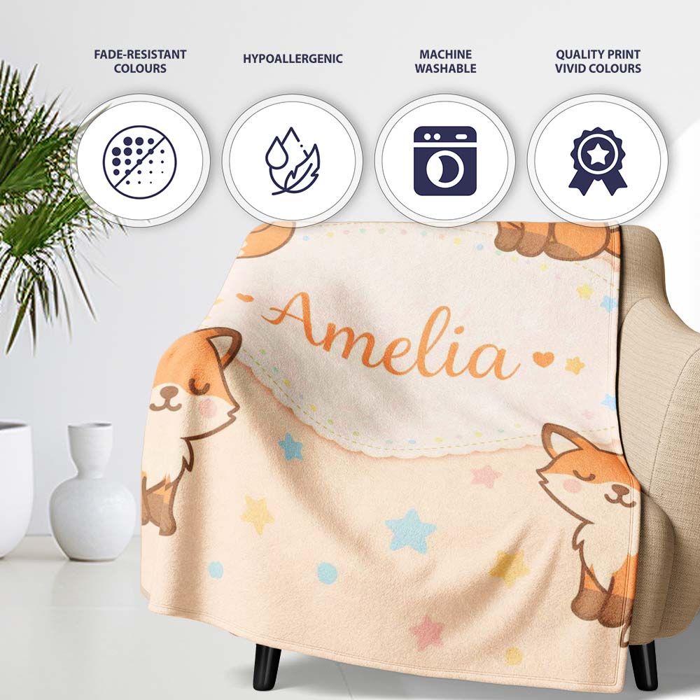 Cute Fairy Fox Cartoon Animal Pattern Cute Unique Gift Lovely  Personalised Custom Name Super Soft Fleece Blanket Bed Sofa Throw
