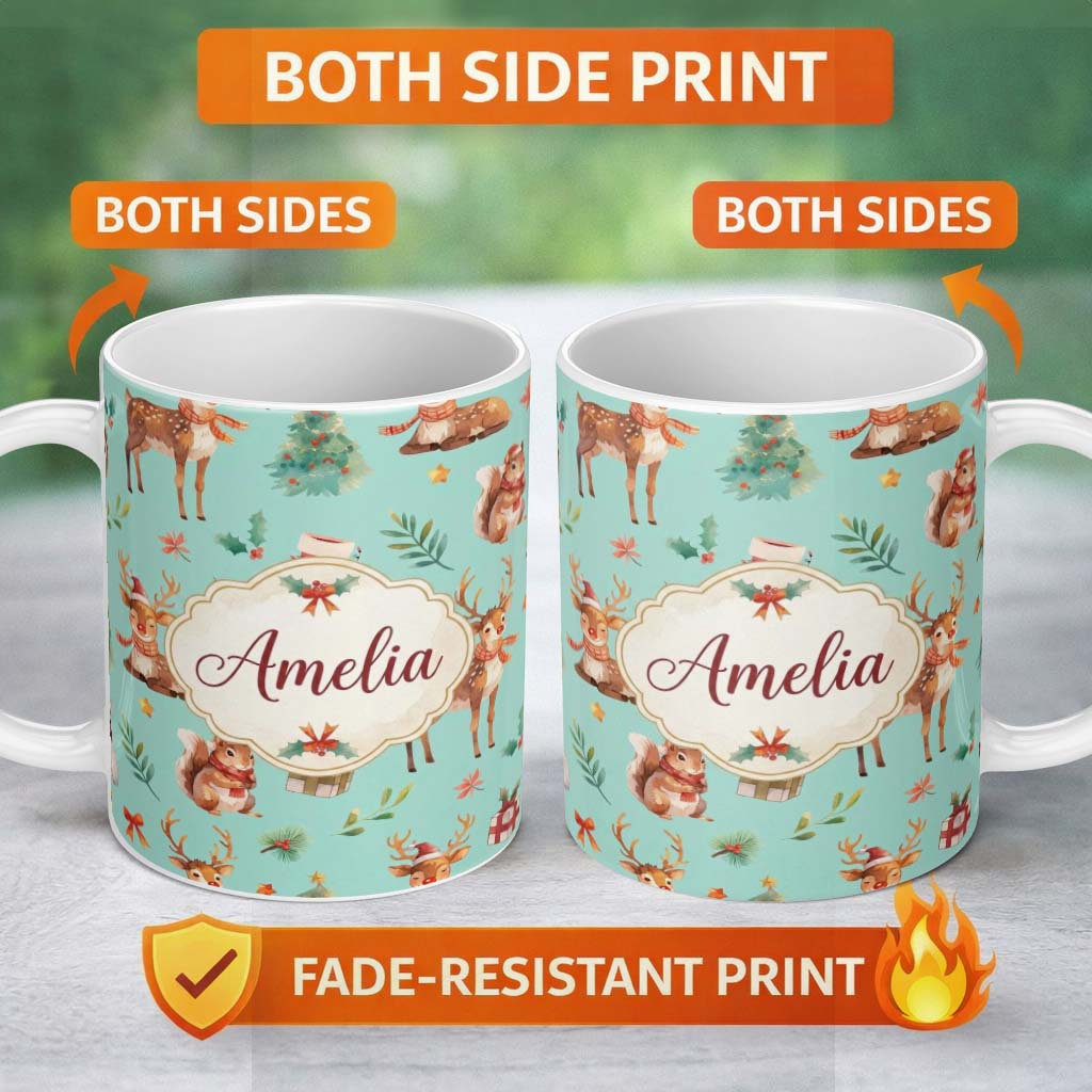 Personalized Custom Name Christmas Reindeer Squirrel Gift Festive Elements on Teal 11oz Ceramic Coffee Tea Mug White Large Handle