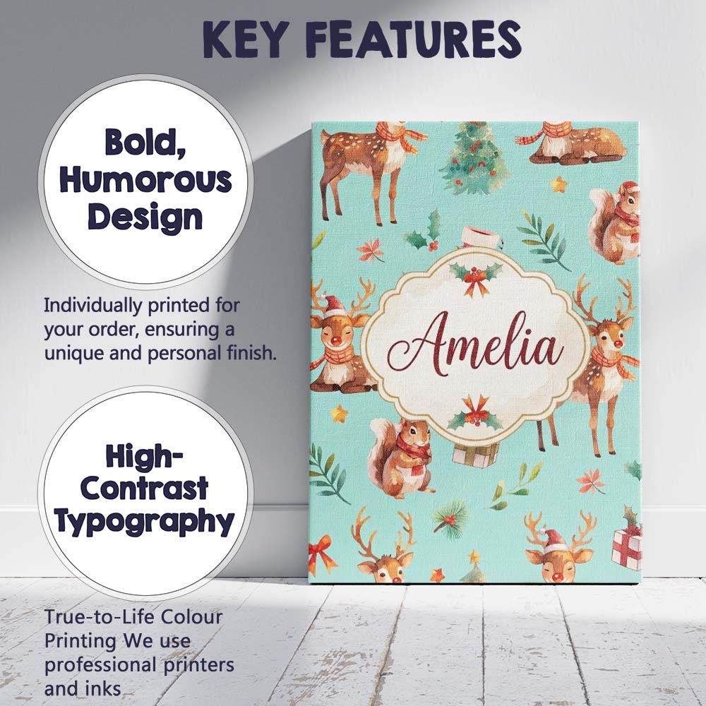 Personalised Name Christmas Reindeer Custom Premium Decorative Design Modern Room Accent Canvas Wall Art Print Decor Picture Ready to Hang