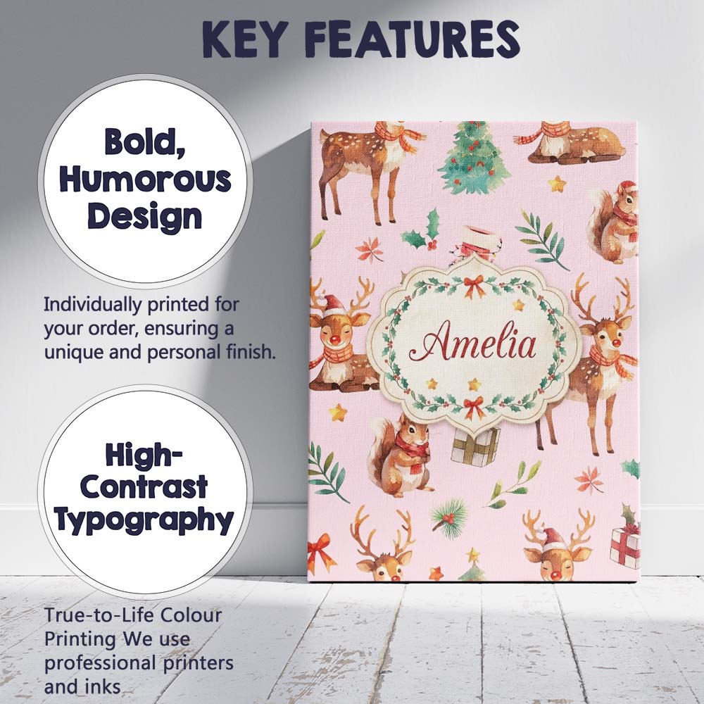 Personalised Name Christmas Reindeer Custom Premium Decorative Design Modern Room Accent Canvas Wall Art Print Decor Picture Ready to Hang