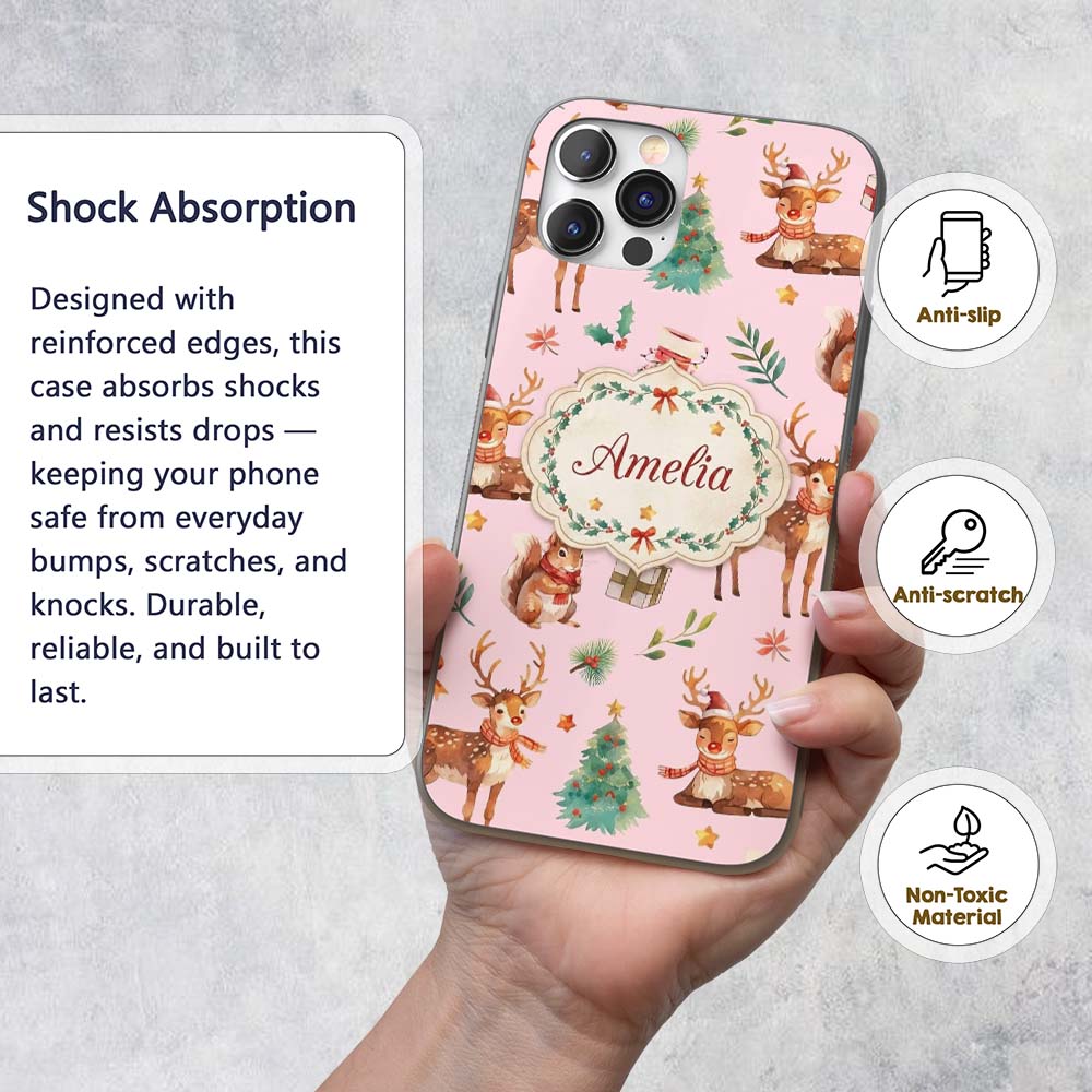 Christmas Reindeer Squirrel Gift Festive Elements Custom Name Protective Phone Case Mobile Cover Durable Everyday Smartphone Shock Resistant