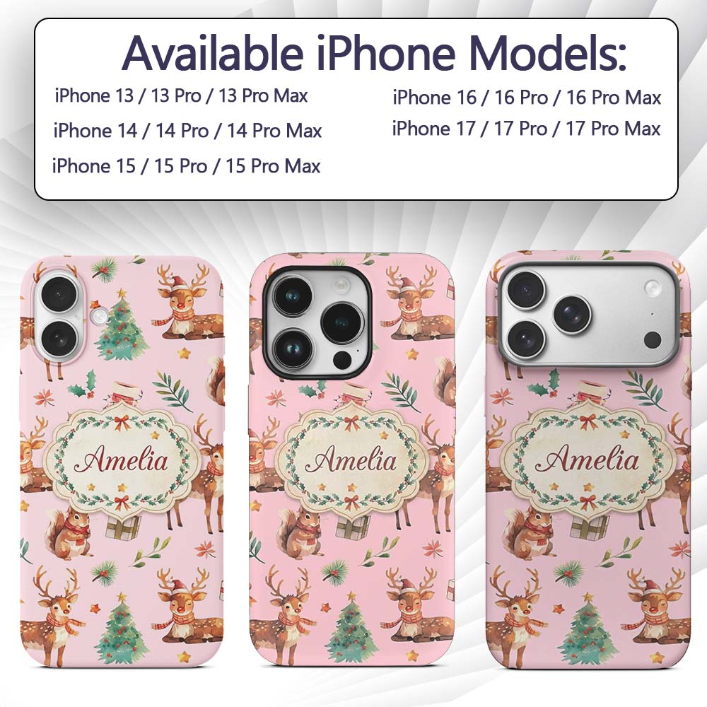 Christmas Reindeer Squirrel Gift Festive Elements Custom Name Protective Phone Case Mobile Cover Durable Everyday Smartphone Shock Resistant