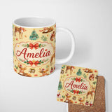 Personalized Custom Name Christmas Reindeer Squirrel Gift Festive Element on Yellow 11oz Ceramic Coffee Tea Mug White Large Handle