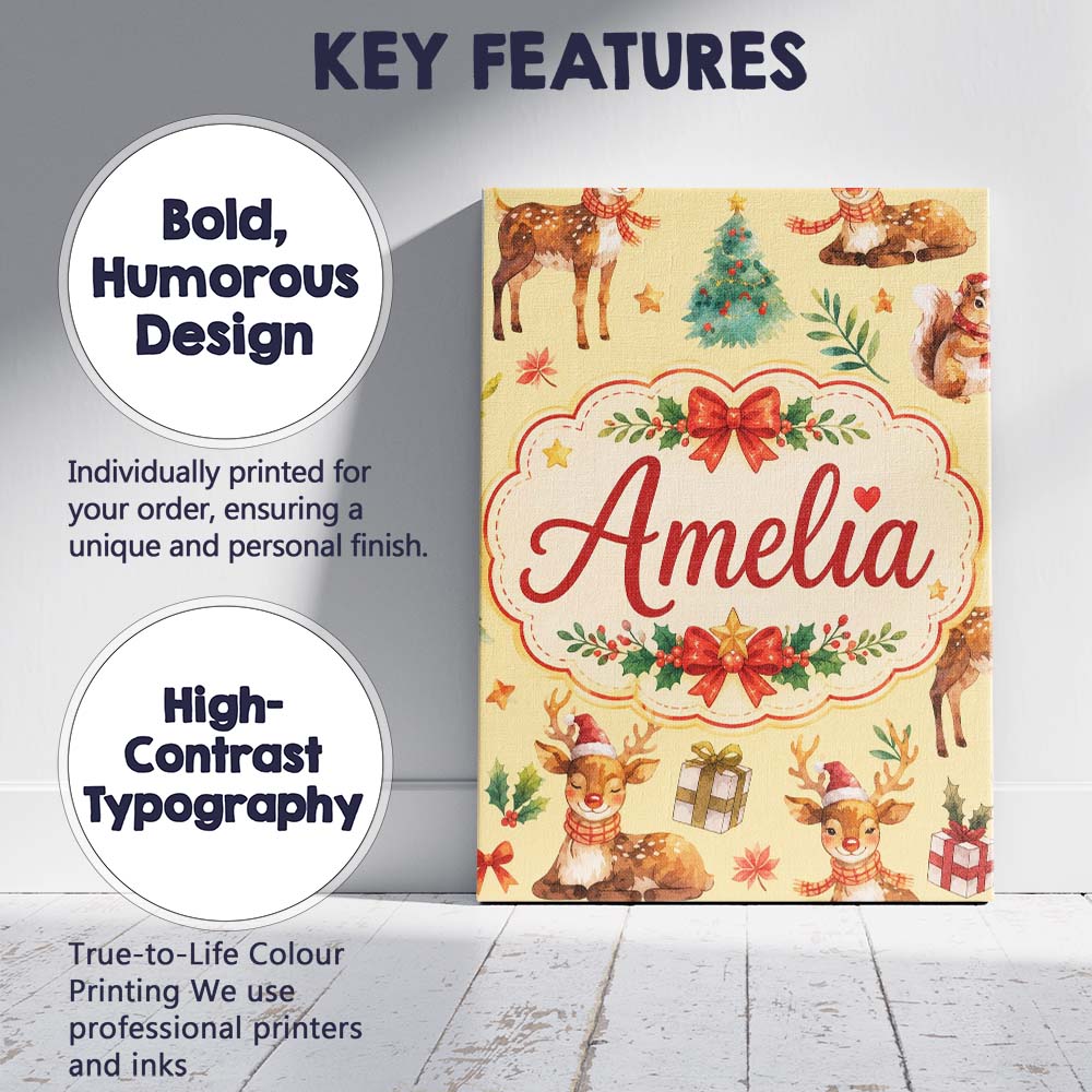Personalised Name Christmas Reindeer Custom Premium Decorative Design Modern Room Accent Canvas Wall Art Print Decor Picture Ready to Hang