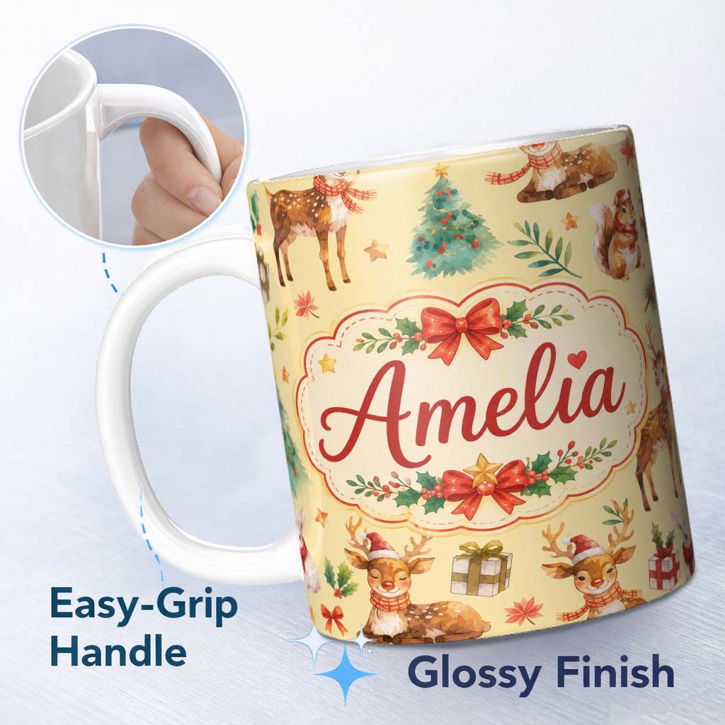 Personalized Custom Name Christmas Reindeer Squirrel Gift Festive Element on Yellow 11oz Ceramic Coffee Tea Mug White Large Handle