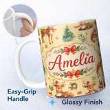 Personalized Custom Name Christmas Reindeer Squirrel Gift Festive Element on Yellow 11oz Ceramic Coffee Tea Mug White Large Handle