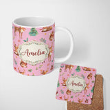 Personalized Custom Name Christmas Reindeer Squirrel Gift Festive Elements on Pink 11oz Ceramic Coffee Tea Mug White Large Handle
